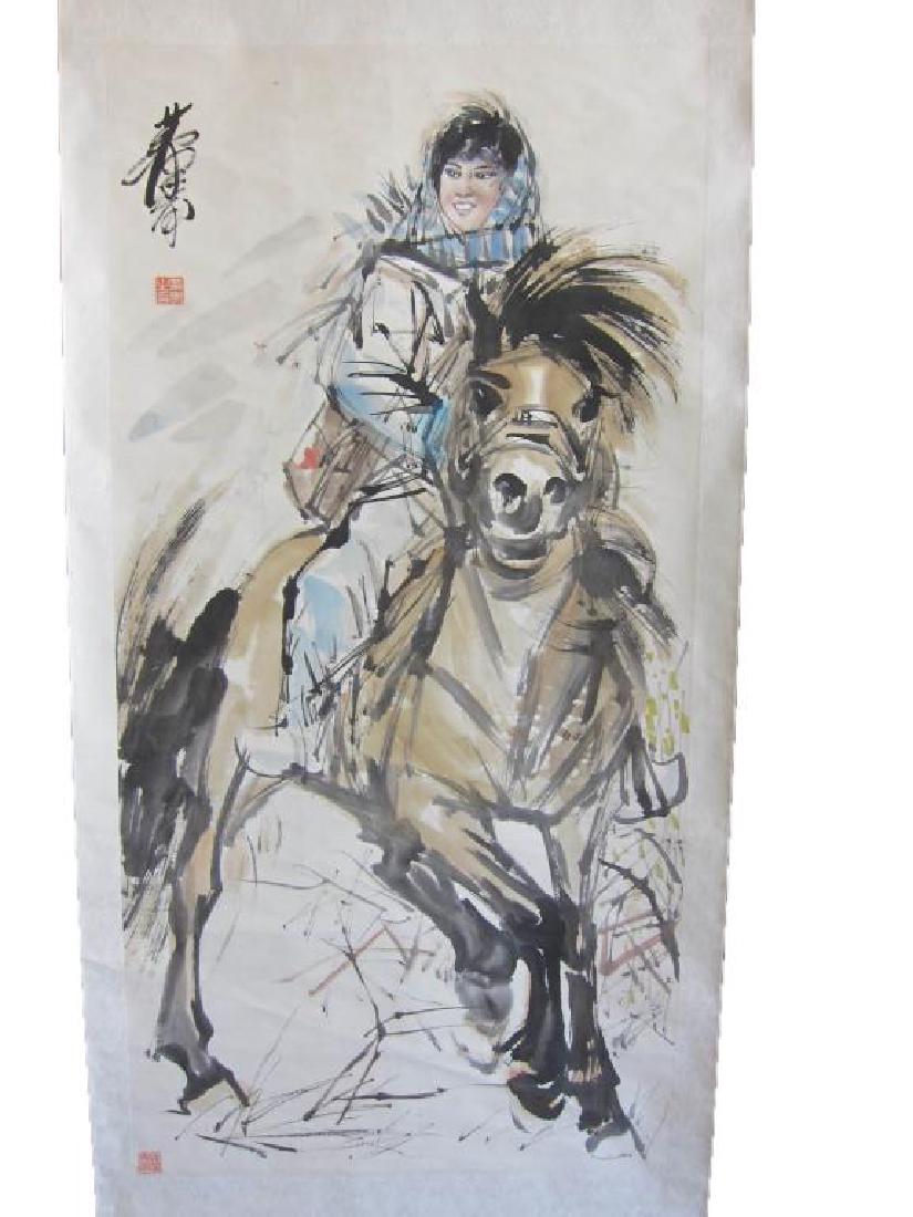 CHINESE SCROLL PAINTING OF A WOMAN RIDING A HORSE: Colored ink on paper, depicting a scene of a female wrapped in blue scarves riding a black horse, signed Huang Zhou. L: 54 in. x W: 26 3/4 in.