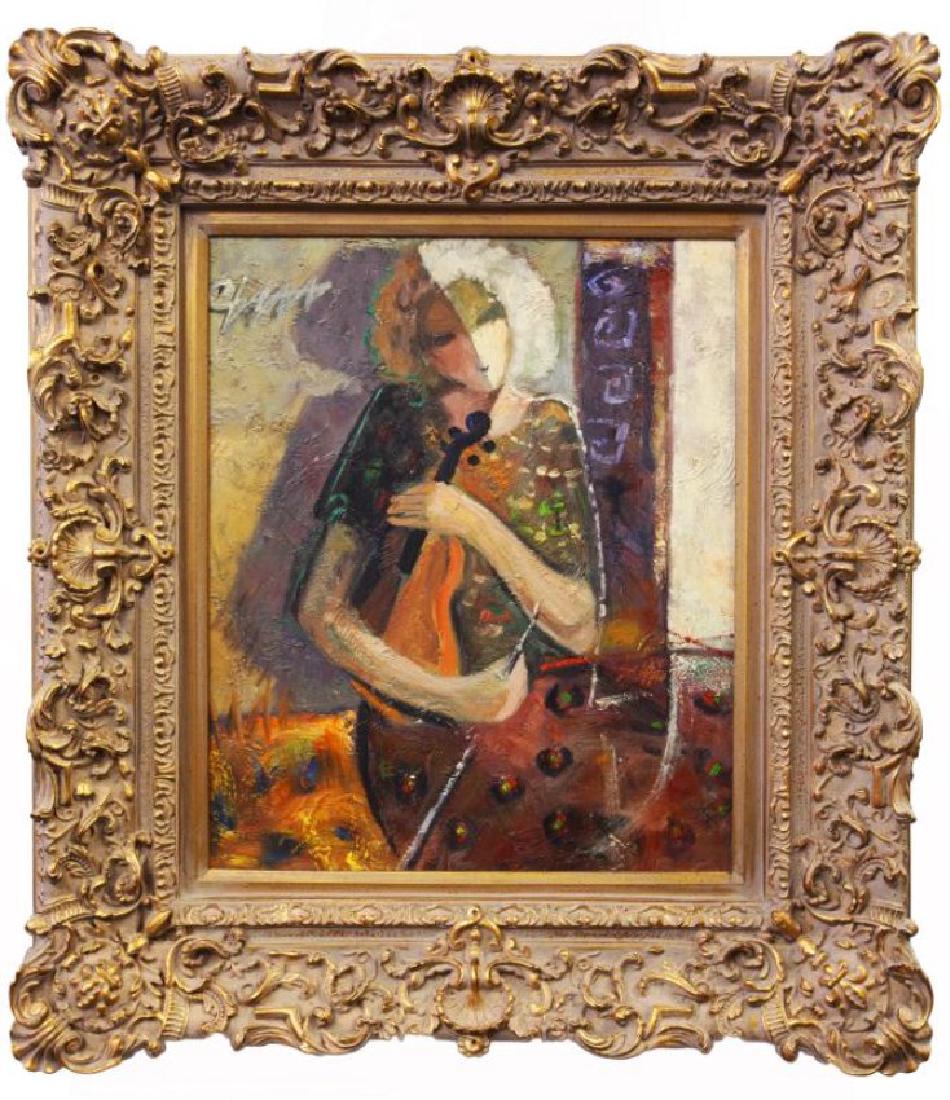 WOMAN WITH VIOLIN OIL ON CANVAS PAINTING: Signature to the upper right. L:20 in., H:24 in.
