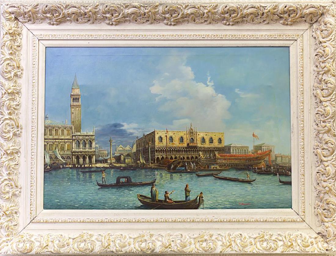 OIL ON CANVAS PAINTING OF VENICE: Depicts gondolas floating on canal amongst romantic, Venetian buildings. Artist's signature to read C. Becelli. 24 in. (L) x 36 in. (W)