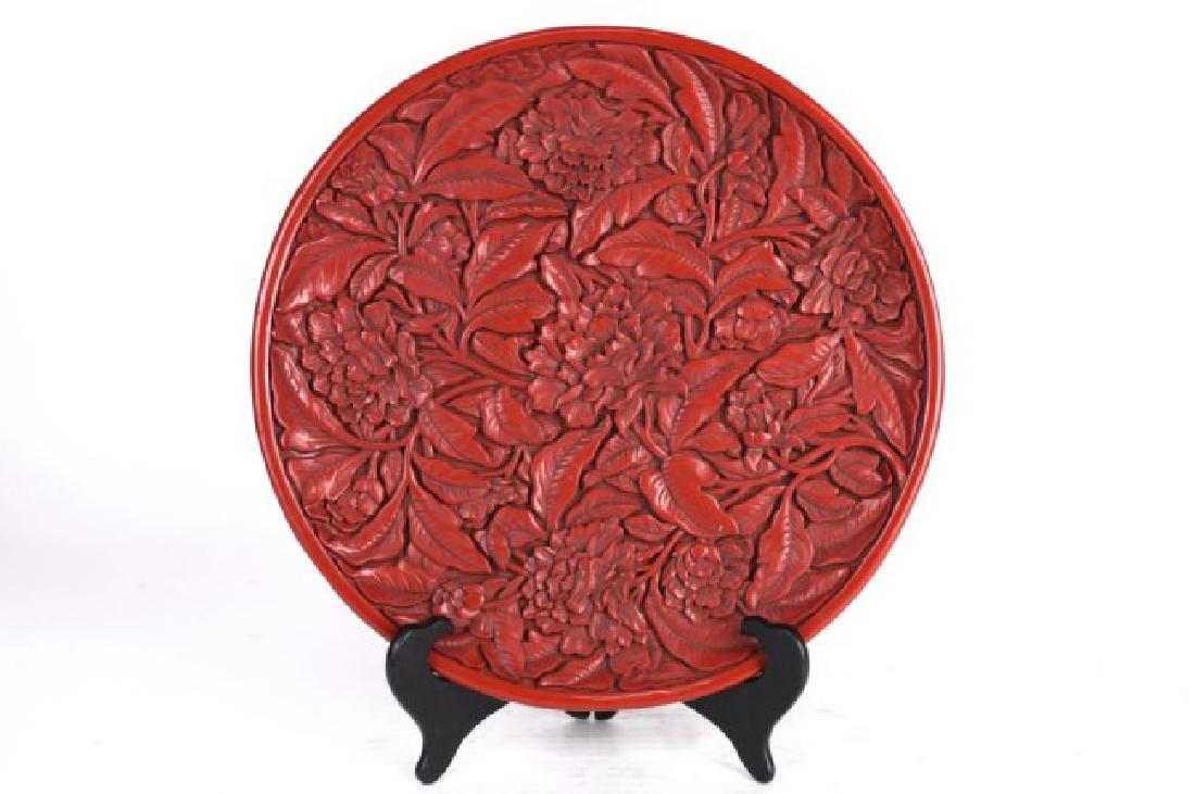 ANTIQUE CHINESE PEONY CARVED LAQUER PLATE (1 of 2)