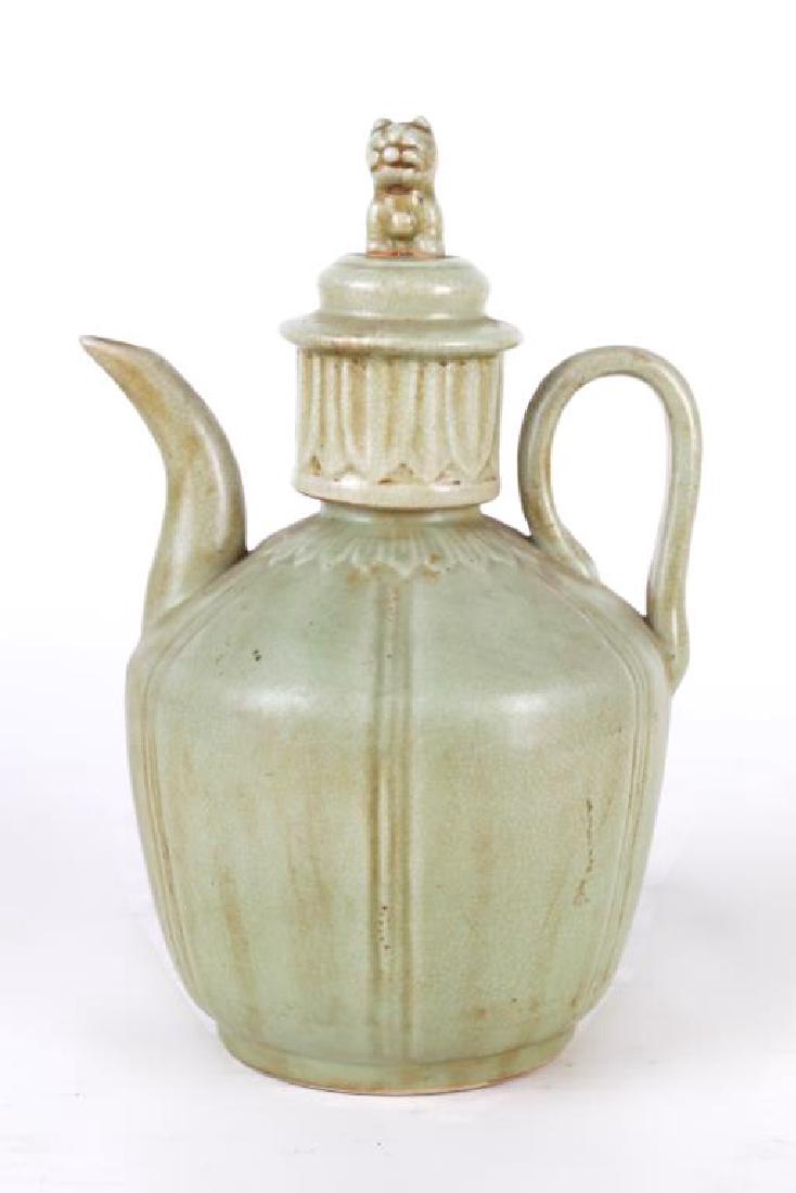 ANTIQUE QING DYNASTY CELADON WINE GLAZED POT: With lid. H: 9 1/8 in; From private collector from Beverly Hill in California.