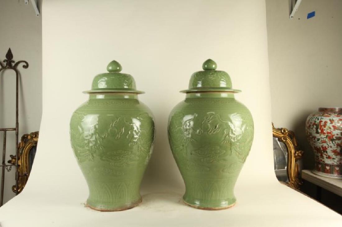 PAIR OF LARGE CHINESE CELADON GINGER JARS (1 of 3)