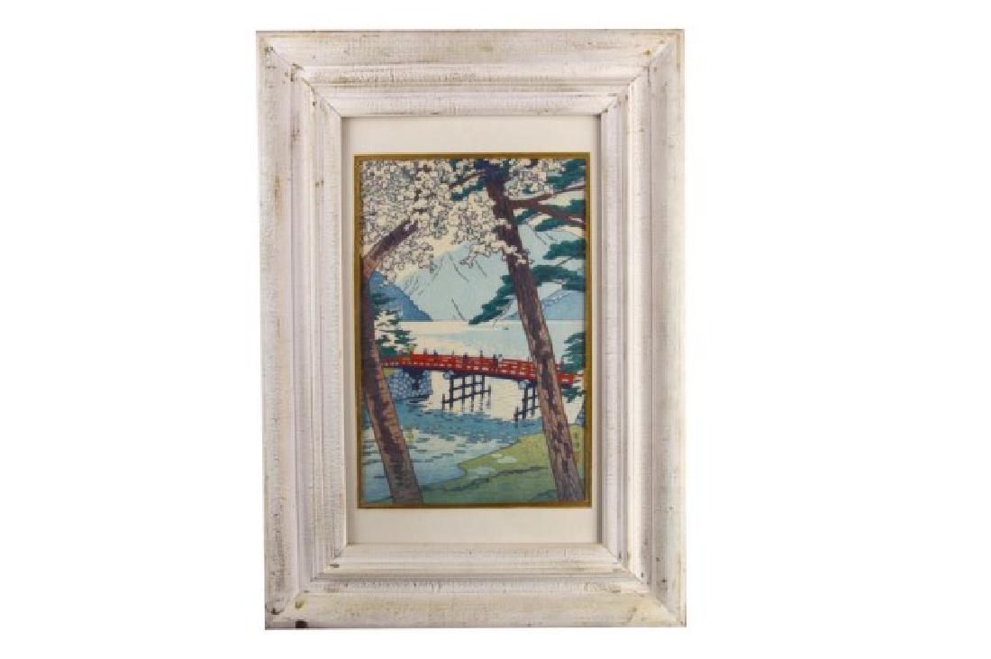 FRAMED WOODBLOCK PRINT OF A PARK SCENE (1 of 2)