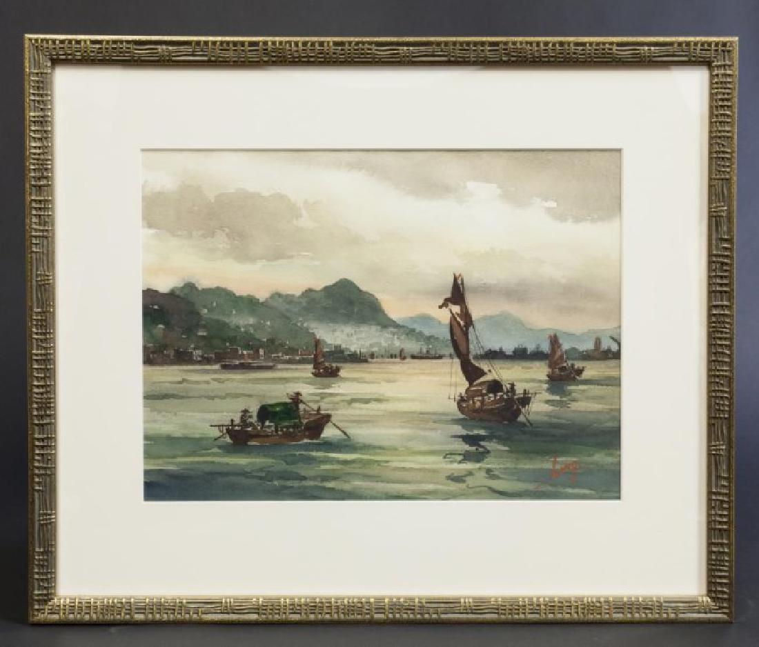 WATERCOLOR PAINTING OF HARBOUR BY KAM CHEONG LING: Watercolor on paper painting by Kam Cheong Ling (China 1911-1991); depicting three Chinese small boats. The boats are not far from the harbor, details of the fisherman and the broken sails are visible
