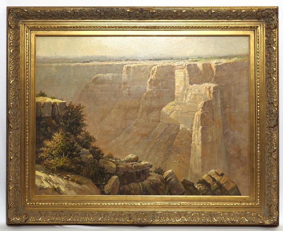 GRAND CANYON OIL PAINTING IN GILTWOOD FRAME: Signature to read Tom Boyle. H: 30 in., L: 40 in. [Dimension without frame]