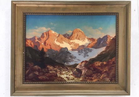 GILT WOOD FRAMED OIL PAINTING OF SNOW MOUNTAIN: Signature to read Oswald Achenbach (1827-1905)