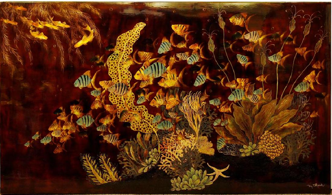 VIETNAMESE LACQUER PAINTING OF AN UNDERSEA SCENE: Depicting a school of fish swimming through kelp and other aquatic plants with metallic gold details on the fish. Signature on the bottom right corner to read Ng Thanh. H: 27 3/4 in. x W: 48 in.