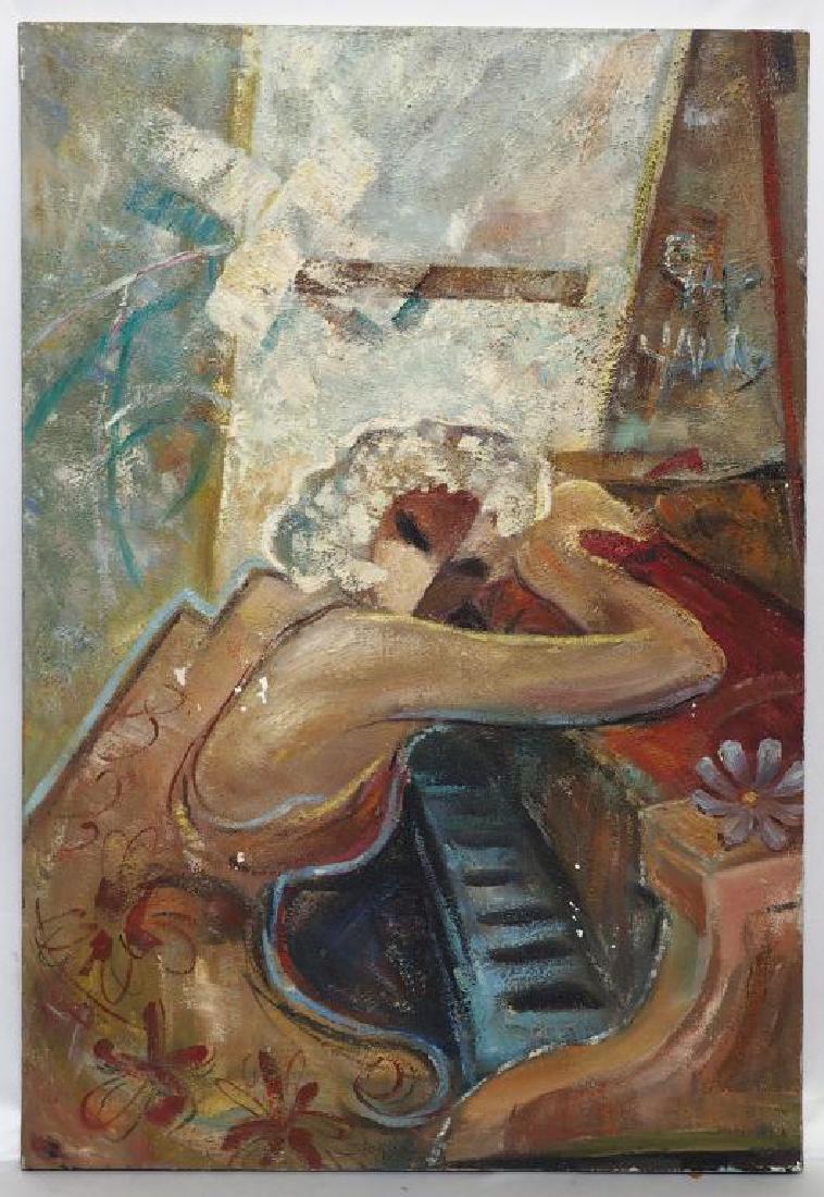 PAINTING OF A WOMAN SEATED AT PIANO, OIL ON CANVAS: 24 x 36 in.