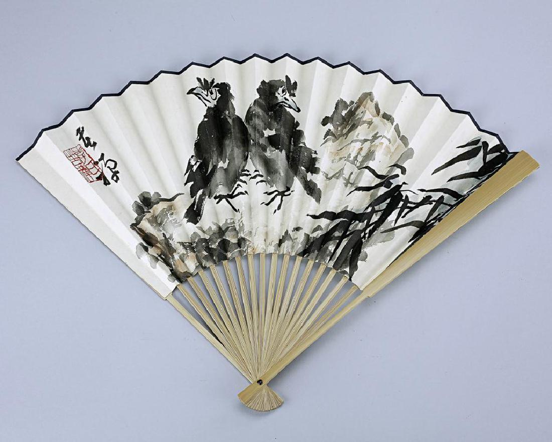 CHINESE FAN, WITH PAINTING OF TWO EAGLES (1 of 4)