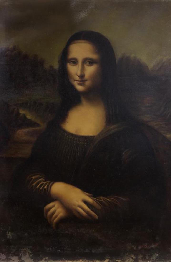 OIL PAINTING ON CANVAS OF MONA LISA: Reproduction. H: 36 in L: 24 in.