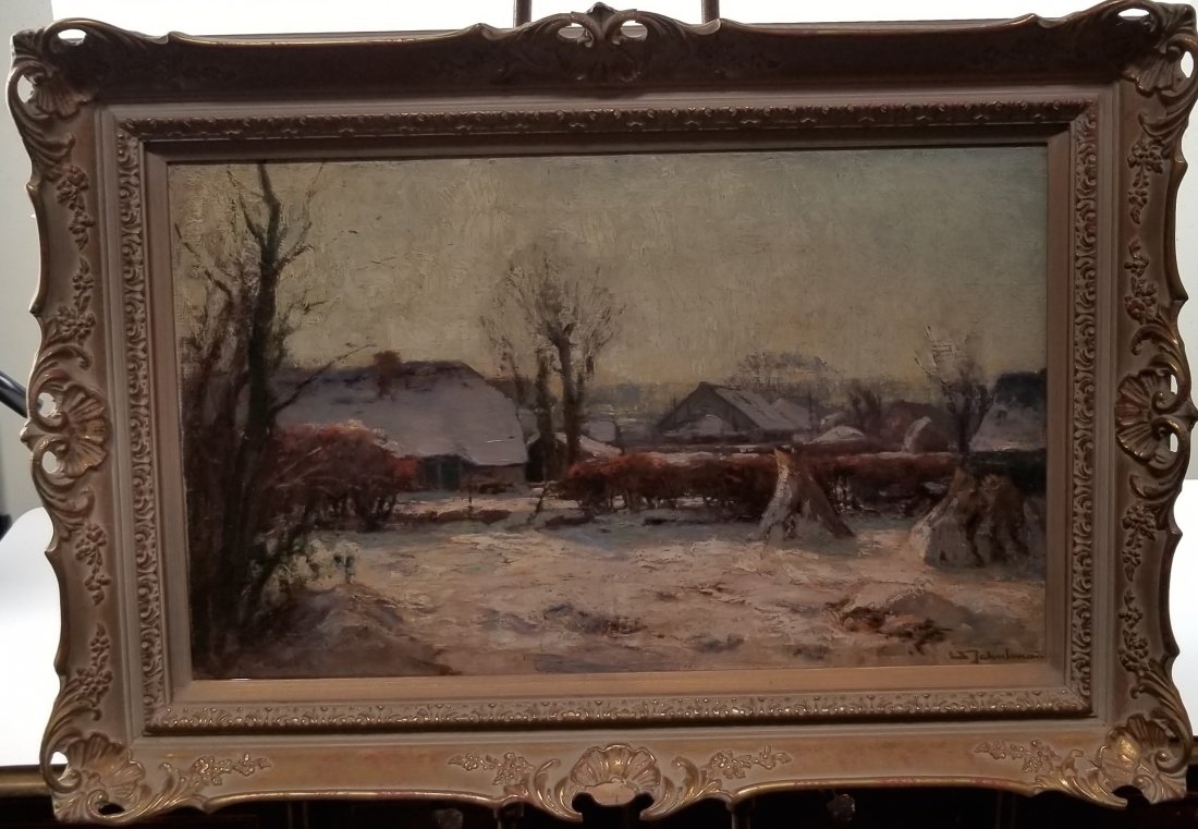 GILT WOOD FRAMED OIL ON CANVAS PAINTING OF WINTER (1 of 2)