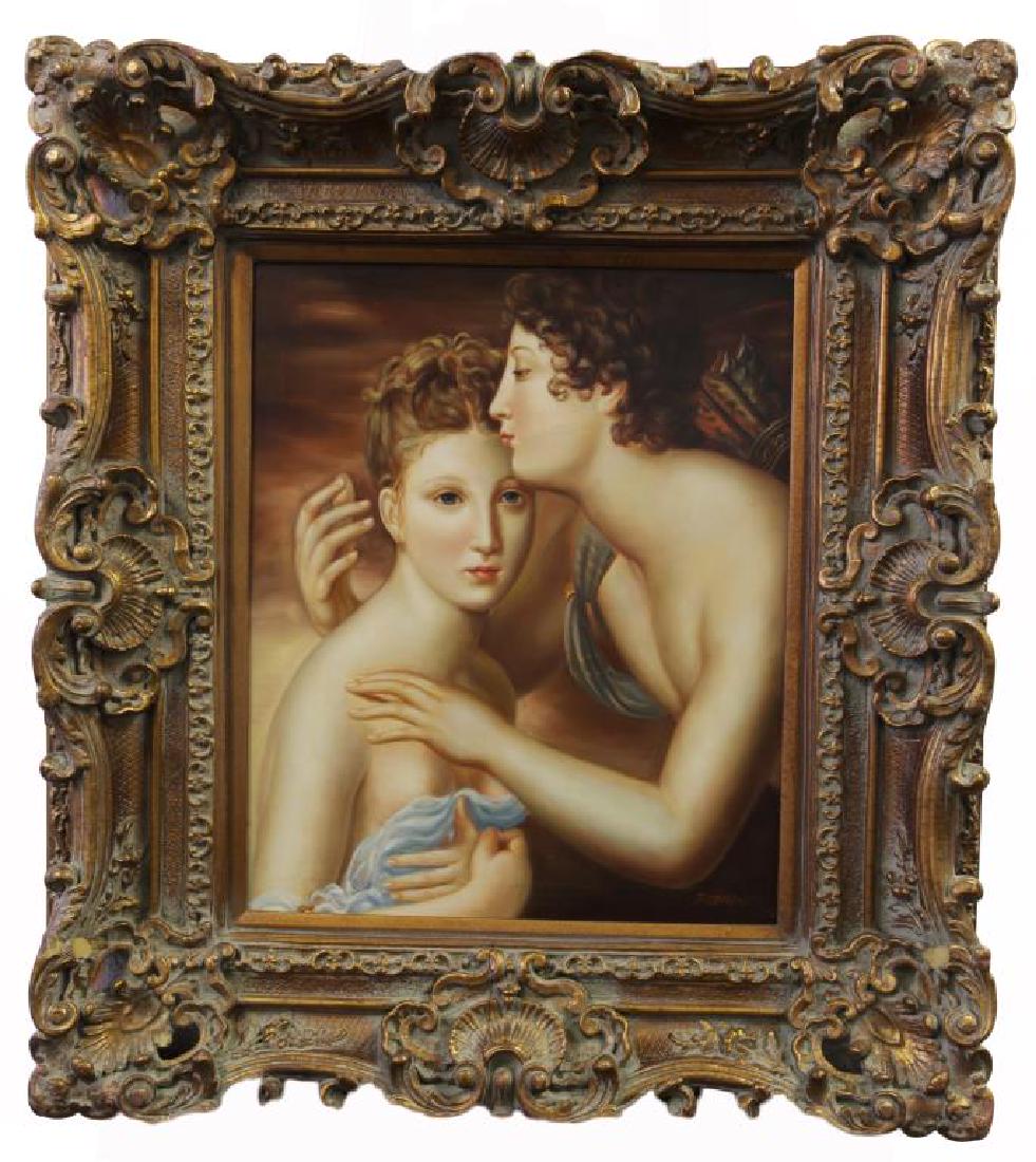OIL PAINTING ON CANVAS OF A WOMAN AND ANGEL: Signature to read F. Johan. L: 20 in., H: 24 in.