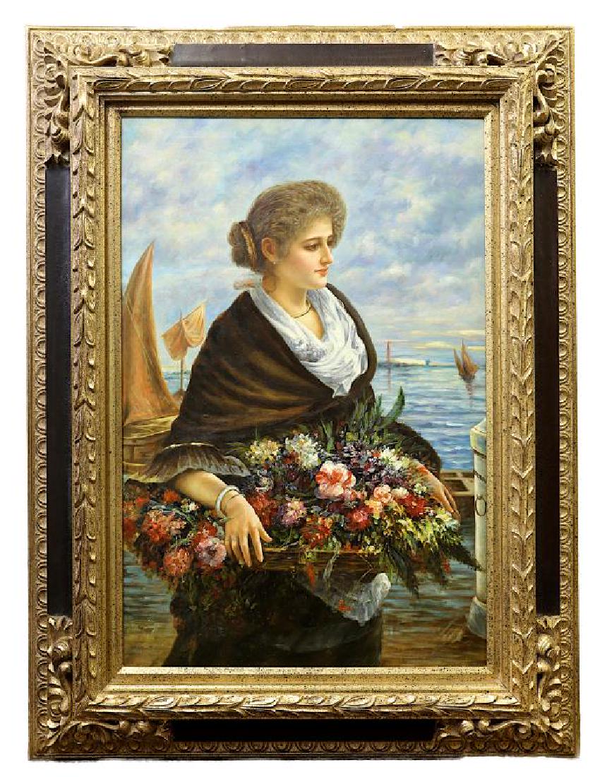WOMAN CARRYING BASKET OF FLOWERS OIL PAINTING (1 of 2)