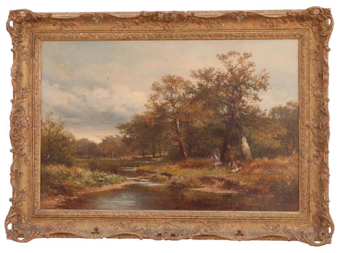GILTWOOD FRAMED OIL ON CANVAS LANDSCAPE PAINTING: Signature to read David Bates. H: 20 in. L: 30 in. *David Bates, 1840-1921, was an English landscape artist who painted in oils and watercolours.