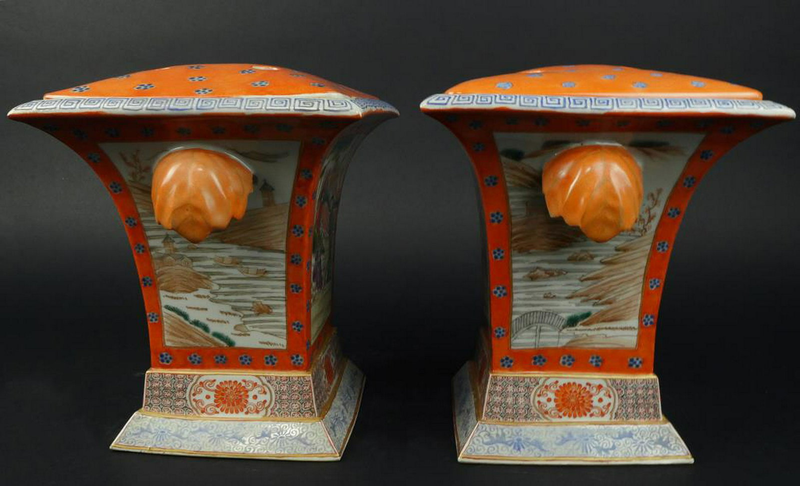 PAIR OF CHINESE MANDARIN SQUARE FLOWER VASES: With unusually tangerine background, flanked by two leaf handles. Beautifully painted with royal families around the body.
