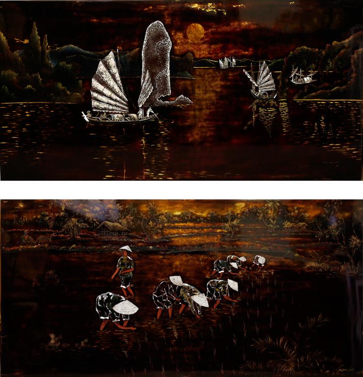 PAIR OF VIETNAMESE LACQUER PAINTINGS: One depicting eight farmers working in a rice field; their clothes are inlaid with abalone shells and their hats are painted with a crackle design; signature in bottom right corner to read Songho. Oth