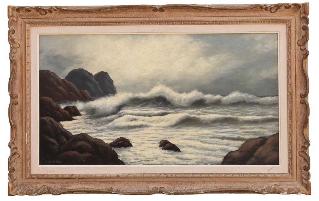 FRAMED OIL ON CANVAS PAINTING OF SEASHORE: Signature to read Carbu. Possibly by Francois (Carbuccia) Carbu (1896-unknown), who was active/lived in France. Francois Carbu is known for marine painting and drawing, seascapes, and boats. Some of h