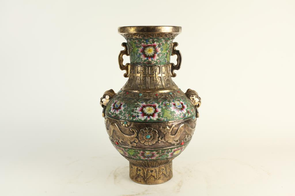 CHAISED METAL ON HAND-PAINTED PORCELAIN VASE: Six character mark of Yong zheng to the bottom.