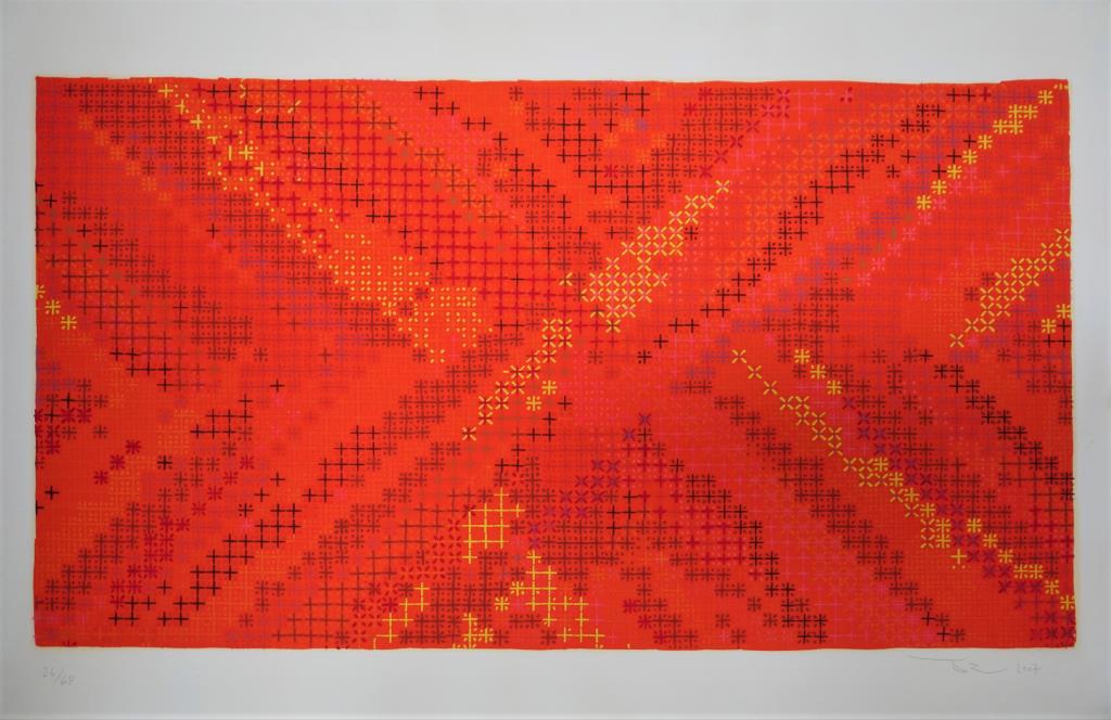 ABSTRACT SILK SCREEN "APPEARANCE OF CROSSES": One of the famous artworks by artist -- Ding Yi (Chinese, born in 1962). Known particularly for his abstract paintings composed of crosses, he is associated with the Chinese abstract art movement know