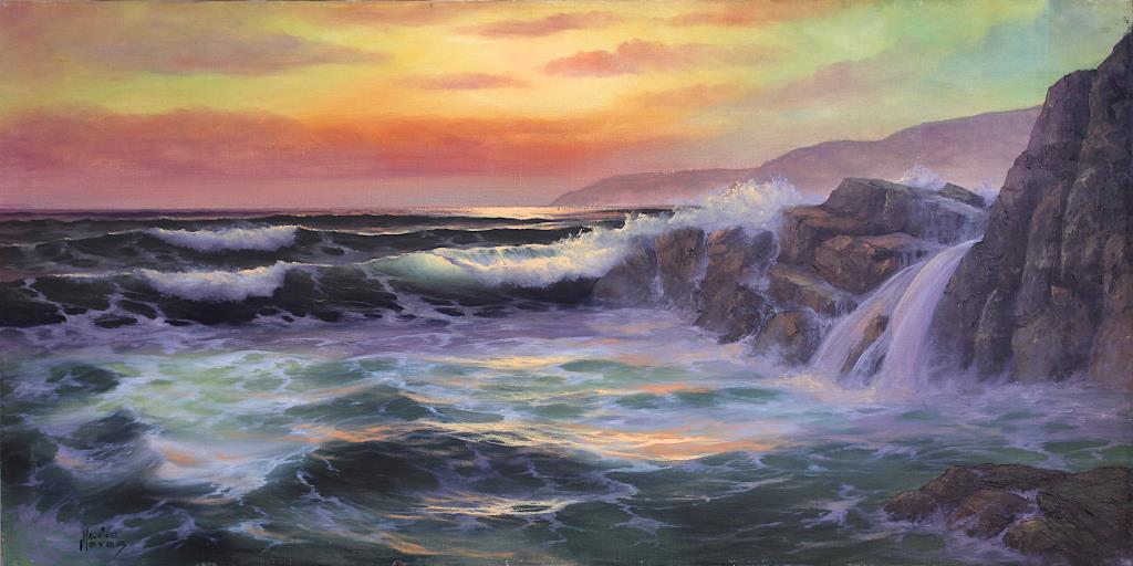 OIL ON CANVAS PAINTING OF SEASHORE SUNSET: Signature in lower left. H: 24 in. L: 48 in.