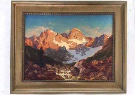 GILT WOOD FRAMED OIL PAINTING OF SNOW MOUNTAIN: Signature to read Oswald Achenbach (1827-1905) H: 11 3/4 in. L: 15 3/4 in.