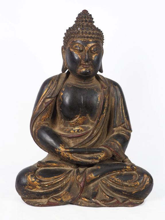 LARGE LATE MING CHINESE CARVED WOOD SEATED BUDDHA (1 of 3)