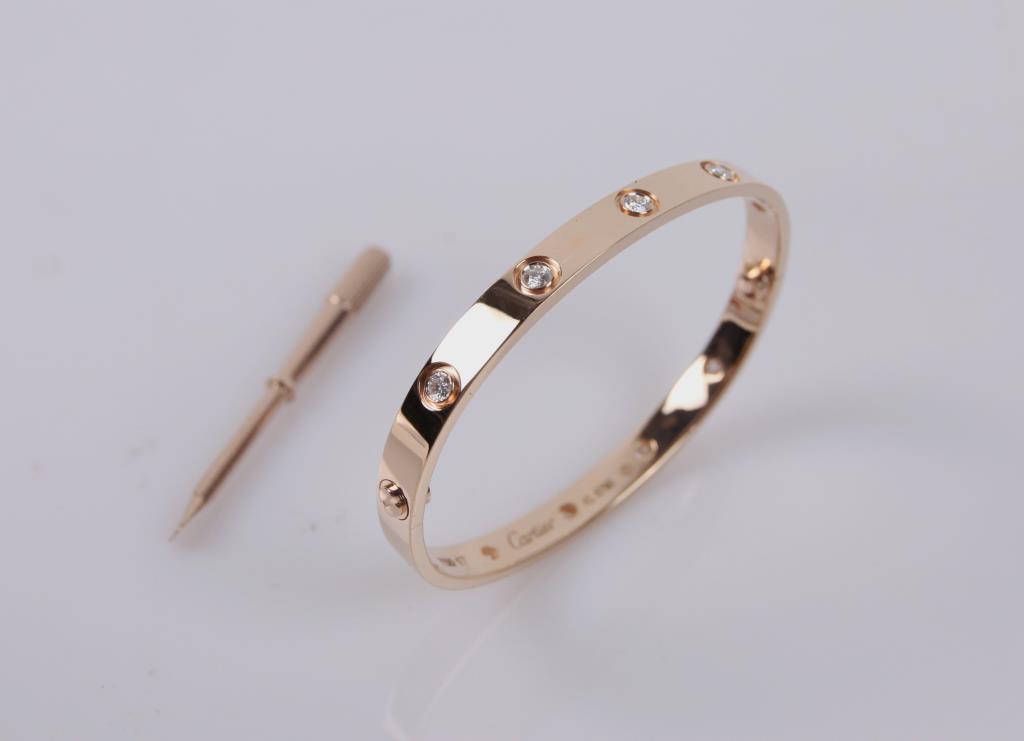18K ROSE GOLD CARTIER STYLE BANGLE WITH DIAMONDS (1 of 5)