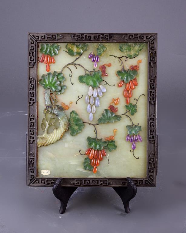 FRAMED CHINESE STONE SCREEN WITH GEMSTONE INLAYS (1 of 1)