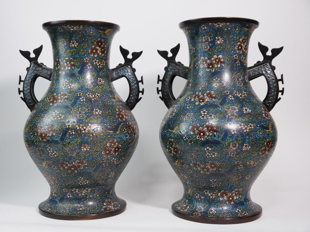PAIR OF TWO-HANDLED CLOISONNE VASES (1 of 5)