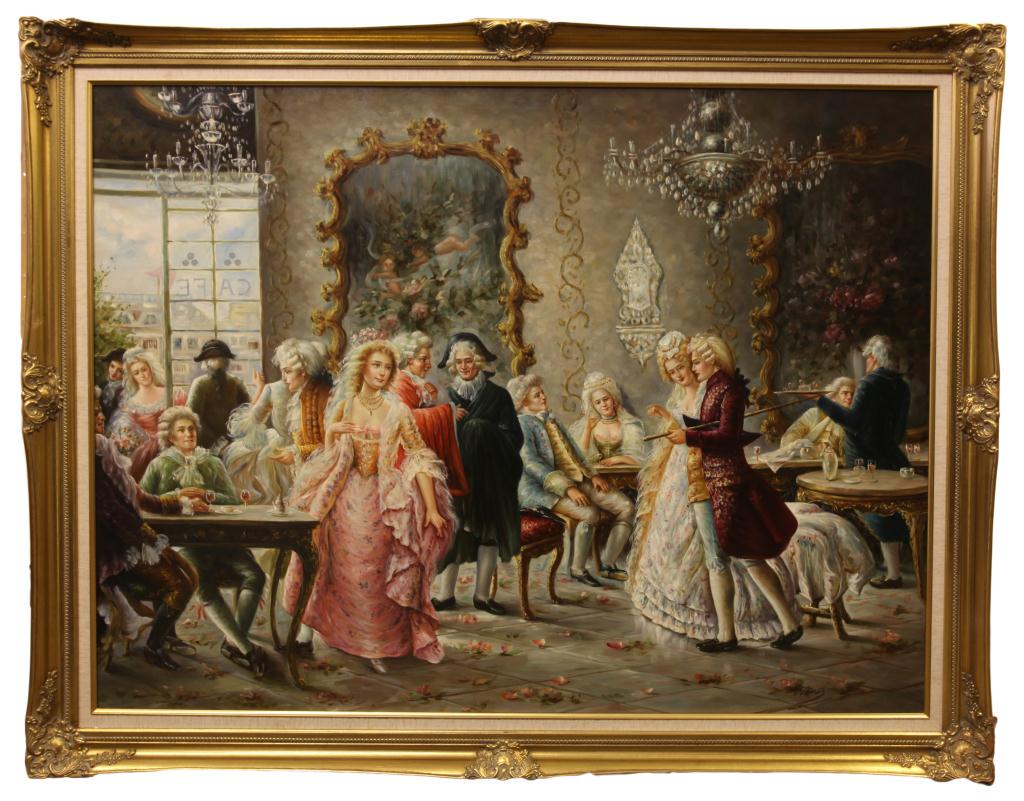 OIL ON CANVAS PAINTING OF A SOCIAL GATHERING: Of well dressed people gathered and talking together. Signature can be seen at the bottom. H: 36 in., L: 47 3/4 in.
