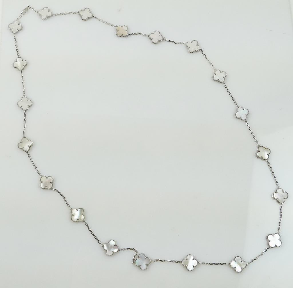 18K WHITE GOLD VAN CLEEF & ARPELS-STYLE NECKLACE: With mother of pearl charms, 32-33inch