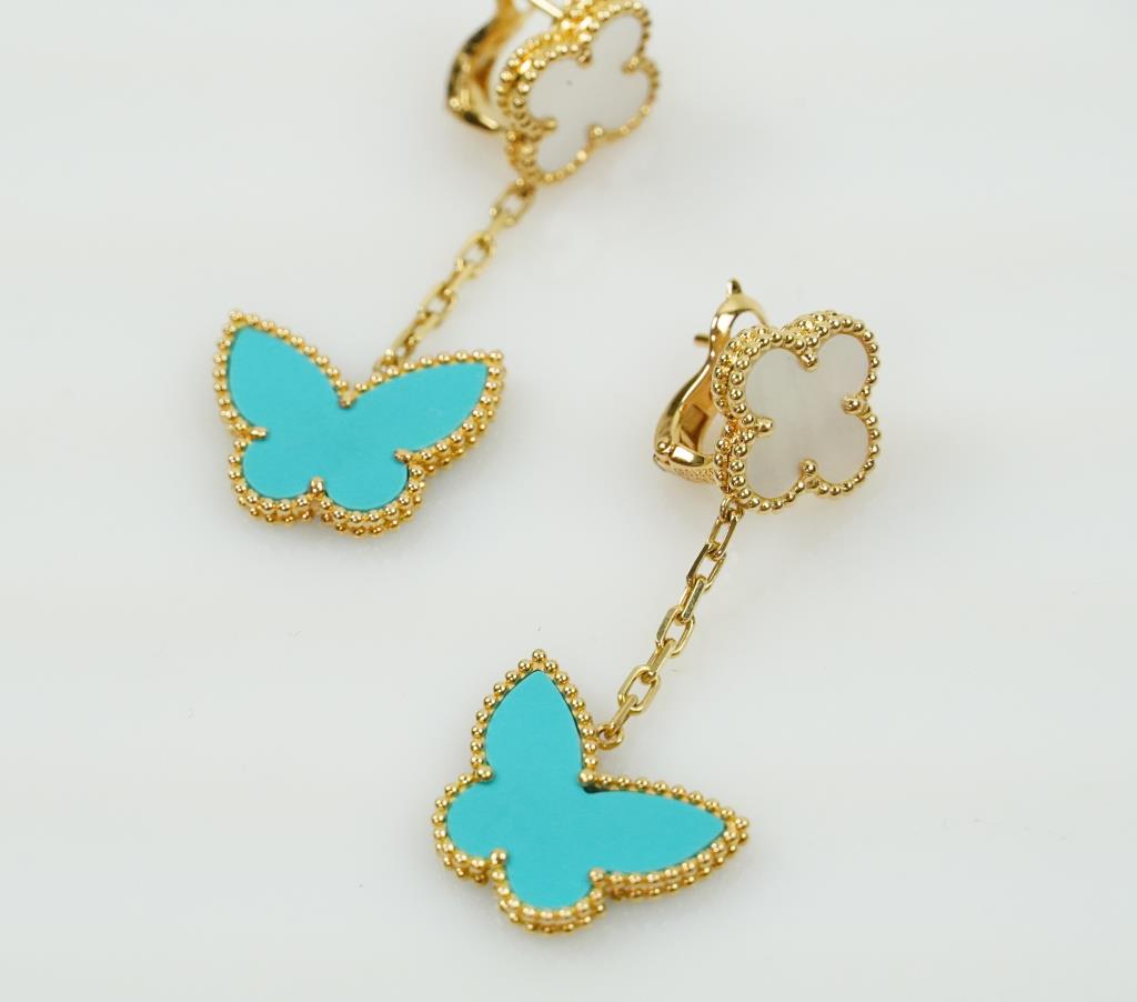 VINTAGE 18K GOLD VAN CLEEF & ARPELS STYLE EARRINGS: Each drop earring has a turquoise butterfly suspended from a mother-of-pearl flower