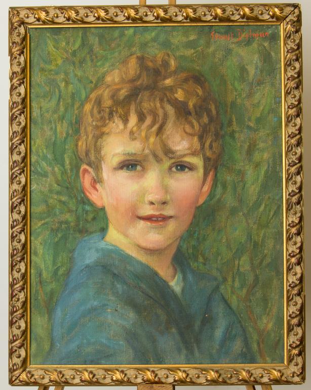 PORTRAIT PAINTING OF A BOY, OIL ON CANVAS: Signature on the top right corner to read Ernest Dielman. Depicted looking directly at the viewer, with curly blond hair and a blue sweater against a green background. Oil on canvas. H: 17 1/2 in. x L