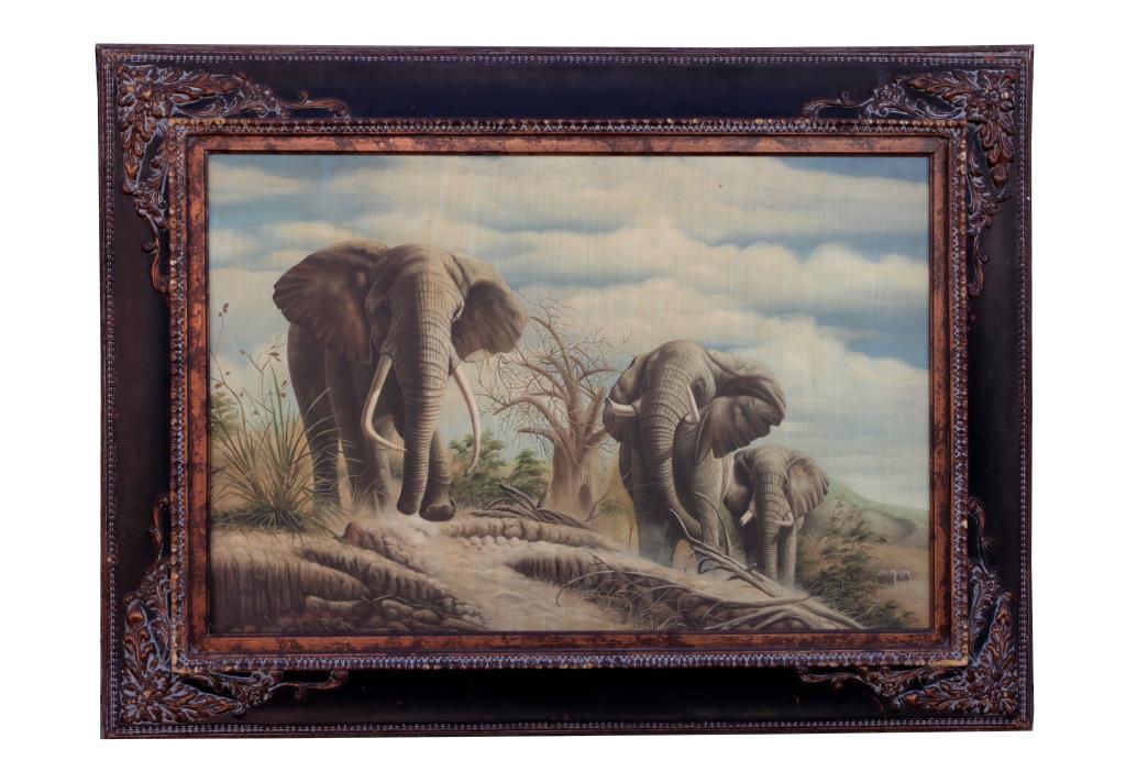 FRAMED OIL ON CANVAS PRINT OF ELEPHANTS (1 of 2)