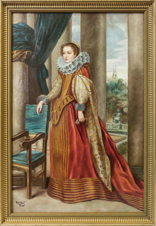 OIL ON CANVAS PAINTING PORTRAIT OF A NOBLE WOMAN: Signature to read Paul Jean Poulet. L: 24 in., H: 36 in.