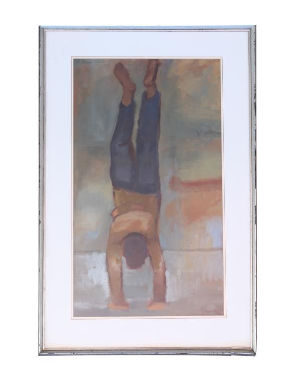 FRAMED PAINTING OF A BOY PERFORMING A HANDSTAND: Signature to read Robinson 3/61. H: 32 3/4 in. L: 19 in.