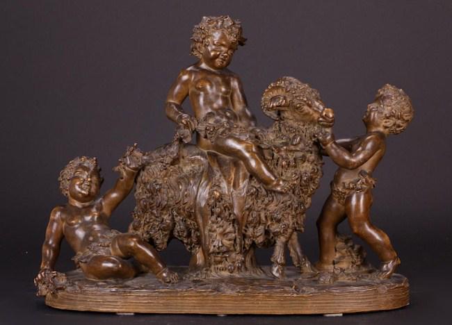 TERRACOTTA SCULPTURE OF THREE PUTTI AND A RAM (1 of 2)