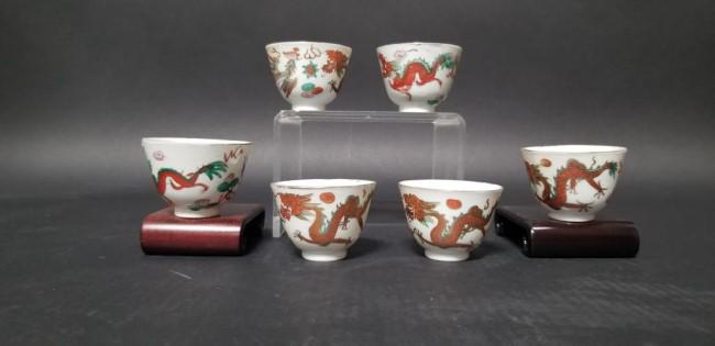 SET OF SIX CHINESE RED DRAGON WINE CUPS: H:
