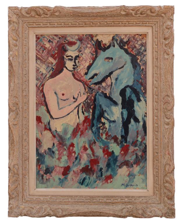 OIL ON BOARD PAINTING OF A WOMAN WITH HORSE: Signed Dupond. H: 24 in. L: 18 in. *Marcel Dupond , 1907- 1954, famous Montreal artist, known for his impressionistic depiction of his subjects.