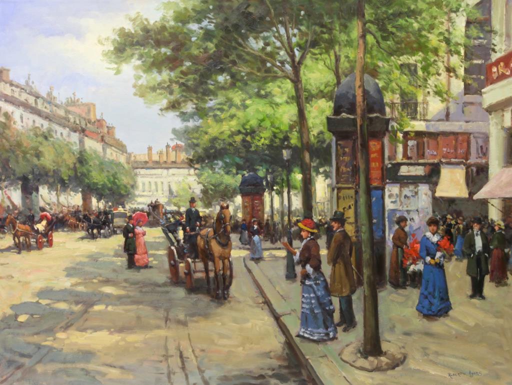 OIL PAINTING ON CANVAS OF A STREET SCENE: A street scene of European city of eighteen century. people was waiting for carriage, walking in the street and relaxing. Signature to read "Roberto Agars", signed in the bottom right corner. H: 36 in