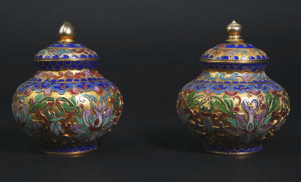 SET OF TWO ENAMELED LIDDED GLOBULAR BRONZE VASES (1 of 2)
