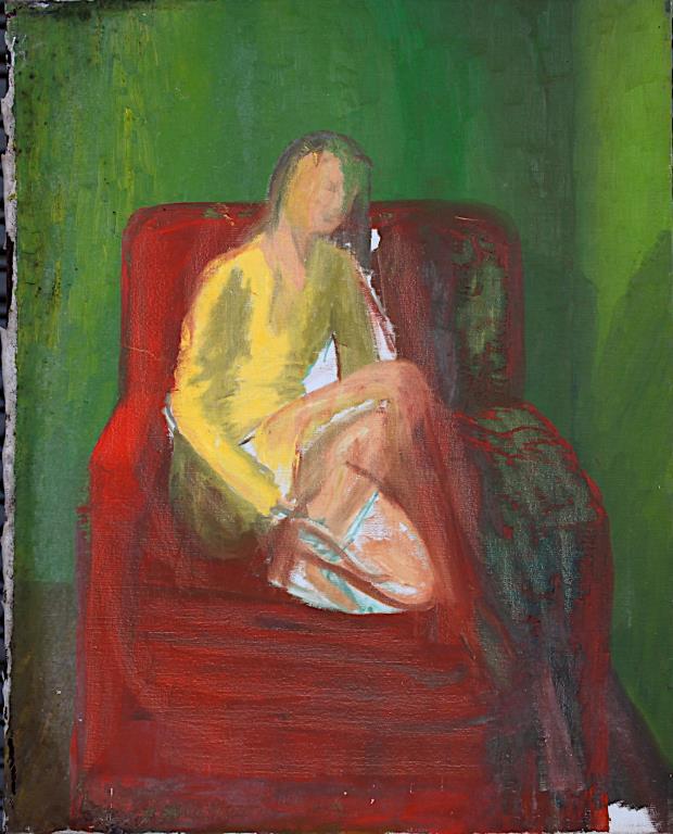 OIL ON CANVAS PAINTING OF A WOMAN SITTING: on a red coach. H: 30 in. L: 24 in.