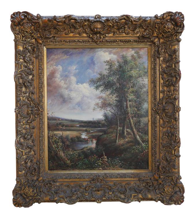 LANDSCAPE OF STREAM AND CLOUDY SKY PAINTING (1 of 4)