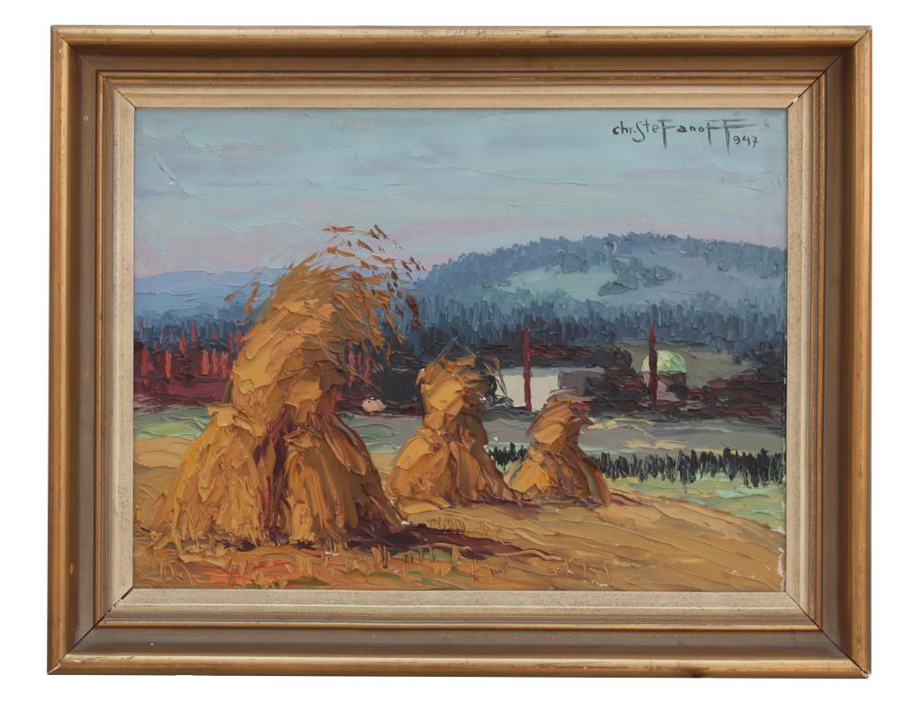 FRAMED OIL ON BOARD PAINTING OF HAYSTACKS (1 of 5)