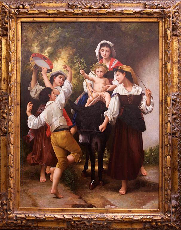 OIL ON CANVAS PRINT OF A BOHEMIAN DANCING SCENE: Depicts two girls and a boy cheerfully dancing to a lady and a baby riding a black donkey. 48 in. (L) x 36 in. (W).