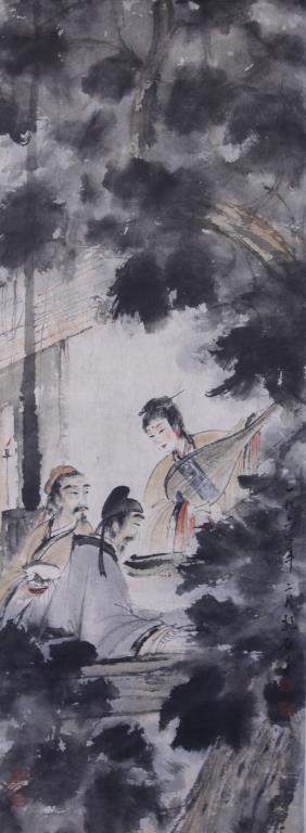 CHINESE SCROLL PAINTING OF MUSICIANS: Signature to read Bao Shi. H: 25 3/4 in. L: 9 3/4 in.