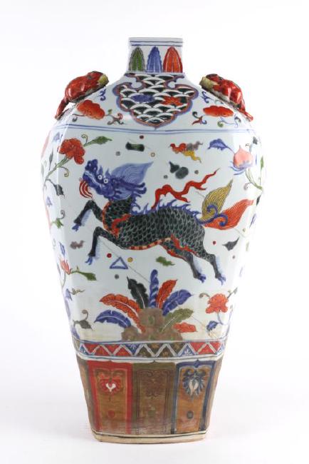 CHINESE FAMILLE VERTE SQUARE VASES: Beautifully painted with leaping foo lions on the body. Flanked by two creatures on the shoulder. H: 21 1/2 in.