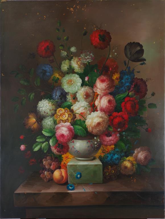 OIL ON CANVAS OF A POTTED BOUNTIFUL BLOOMS: A potted plants with plenty of beautiful and colorful flowers. H: 48 in. L: 36 in.