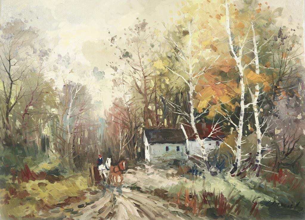 GORDON GEZA MARICH, CANADIAN (1913 - 1985): Depicts of an auntumn landscape with a horse carraige passing through the forest, with houses nearby. Signature on bottom right to read G. Marich.Gordon Marich (1913 - 1975) was known for landscape, p