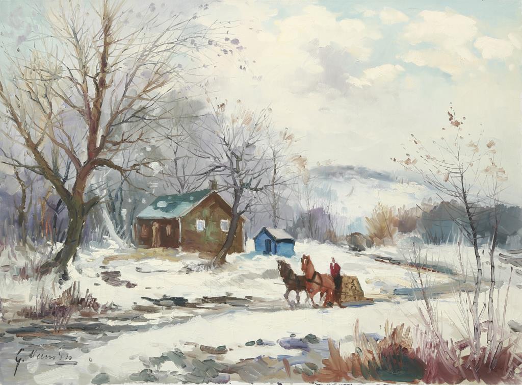 GORDON GEZA MARICH, CANADIAN (1913 - 1985): Depicts a snowy, winter scene. Signature on bottom left to read G. Marich.Gordon Marich (1913 - 1975) was known for landscape, portrait, city scene and flower painting.H: 23 in. L: 31 in.